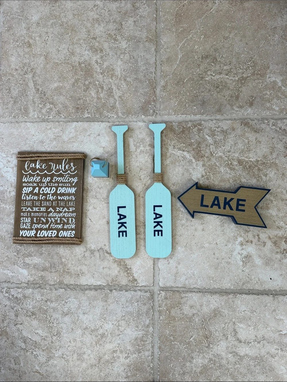 Lake Sign Wall Decor Set in Light Blue and Natural Wood. Never used.